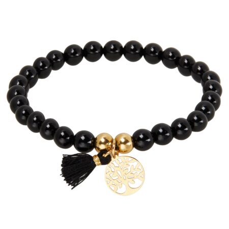Echtstein-Armband - "Stones of nature" - Achat schwarz gefärbt - vergoldet - Baum des Lebens
