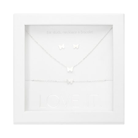Geschenkset - "Love it." - versilbert - Schmetterling