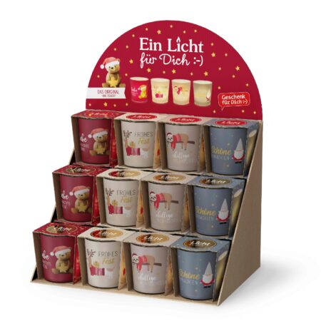 Licht mit Teelicht im Display Happy Christmas MIX