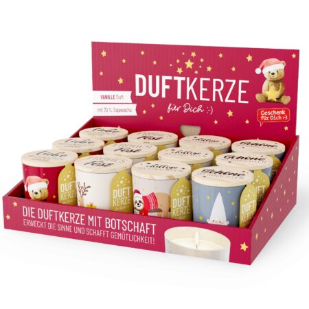 Duftkerze Vanille (30h) im Display Happy Christmas MIX