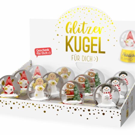 Glitzerkugel Happy Christmas im Display MIX