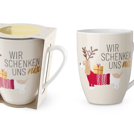 Becher 250ml Happy Christmas "Wir schenken uns nix" (Dackel)