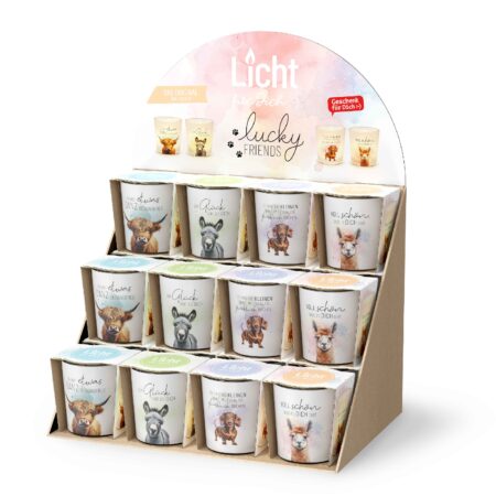 Licht mit Teelicht Lucky Friends im Display MIX