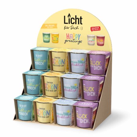 Licht mit Teelicht Happy Greetings im Display MIX