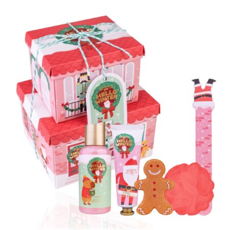 Badeset HELLO WINTER in gestapelten Geschenkboxen